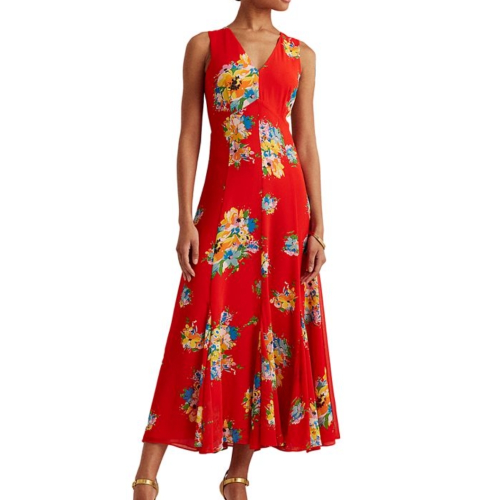 Lauren Ralph Lauren Red Floral V-Neck Maxi Dress